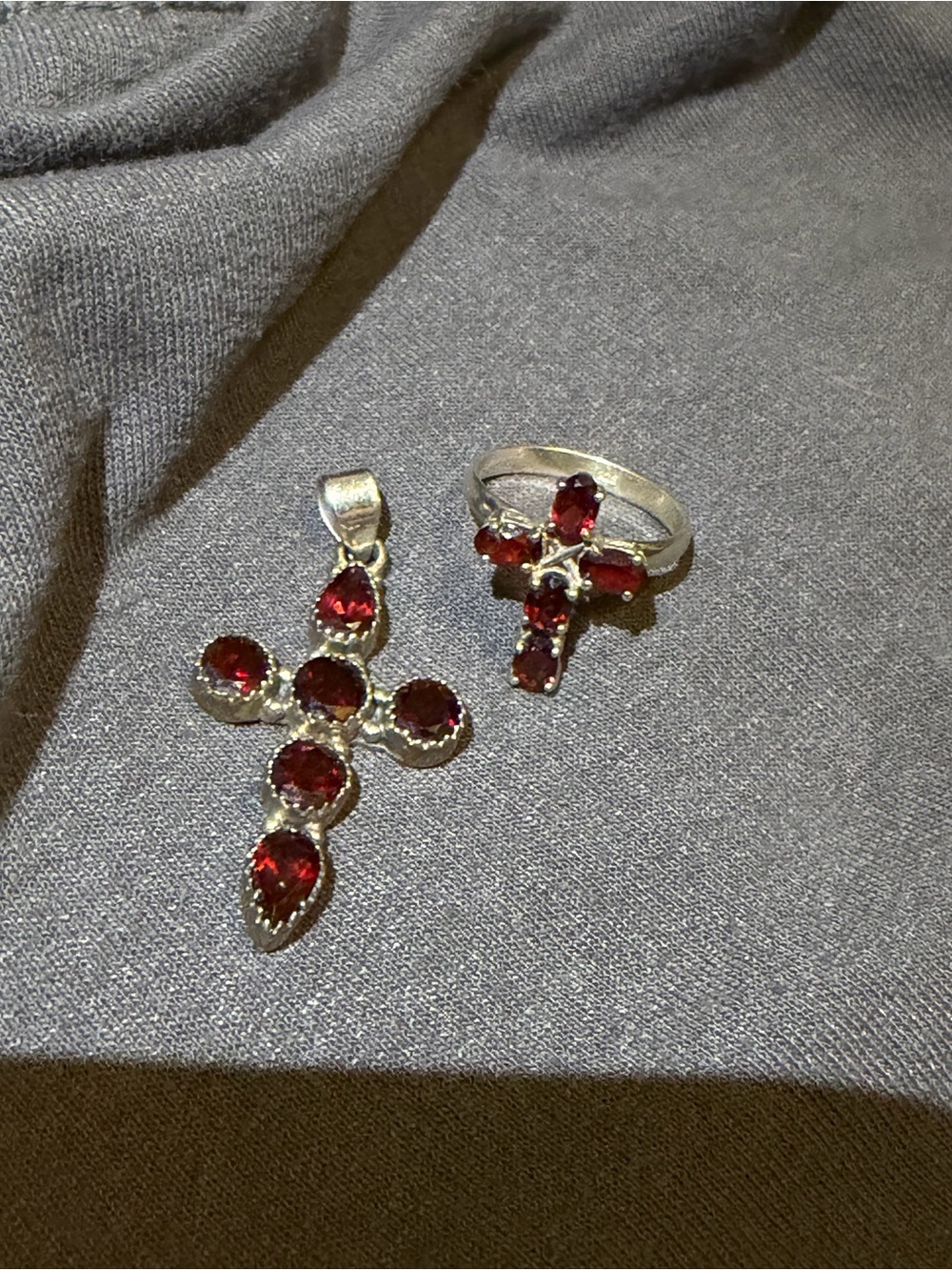 Sterling Silver Red Garnet Cross Pendant and Ring Jewelry Set